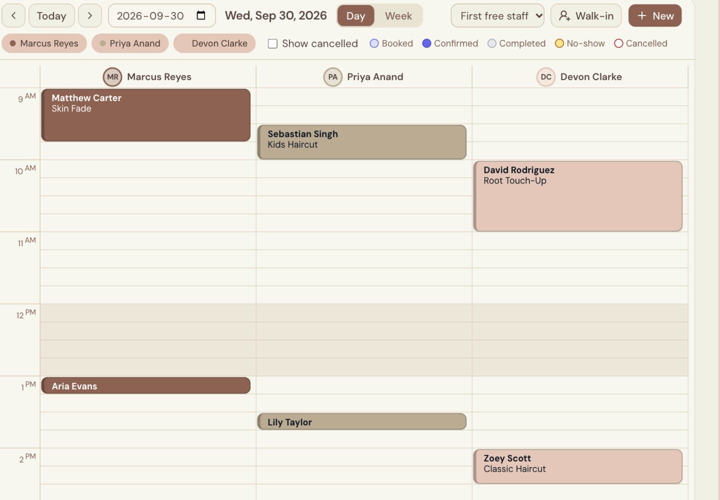 The calendar in the owner app: one column per staff member, with the day's bookings laid out by time (demo data).
