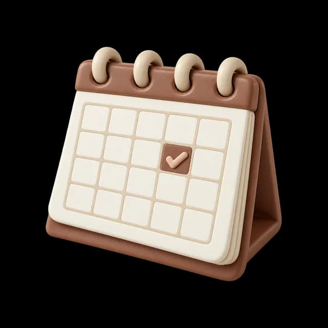 Cream desk calendar with a grid of blank days and one brown day marked with a pink clay check mark.