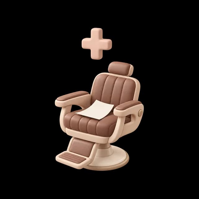 Ceramic barber chair with a blank paper sheet on the seat and a blush ceramic plus sign floating above it.
