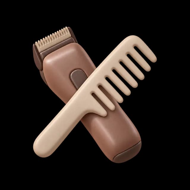 Mocha hair clipper with a dark espresso blade, crossed by a cream wide-tooth comb.