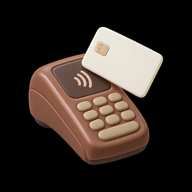 Brown clay card terminal with a contactless symbol, blank keypad and a cream card tapping it.