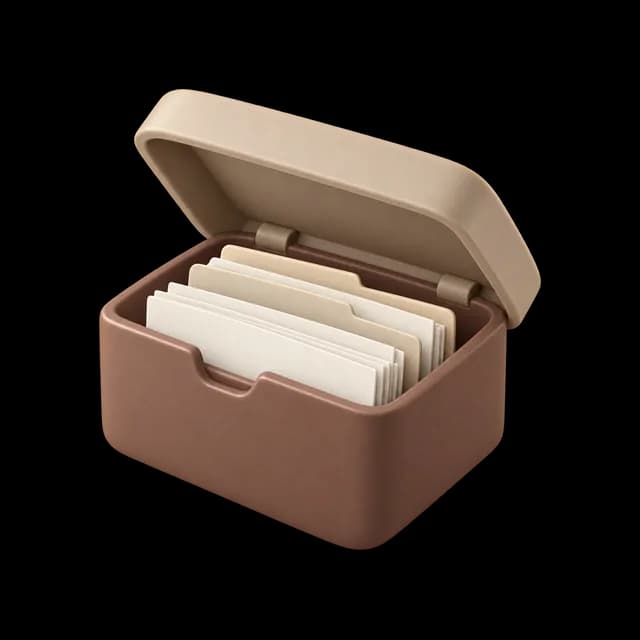 Open mocha card-file box with a sand lid, holding a row of blank cream index cards.
