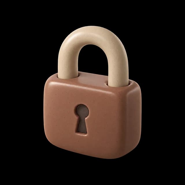 Closed clay padlock with a speckled brown body, cream shackle and a dark espresso keyhole.
