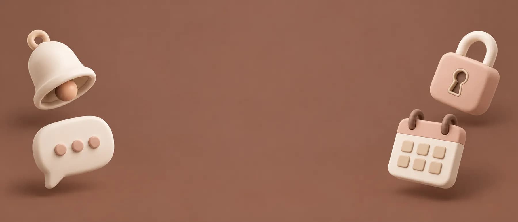 Cream ceramic bell and chat bubble float left, blush padlock and calendar right on a mocha brown backdrop.