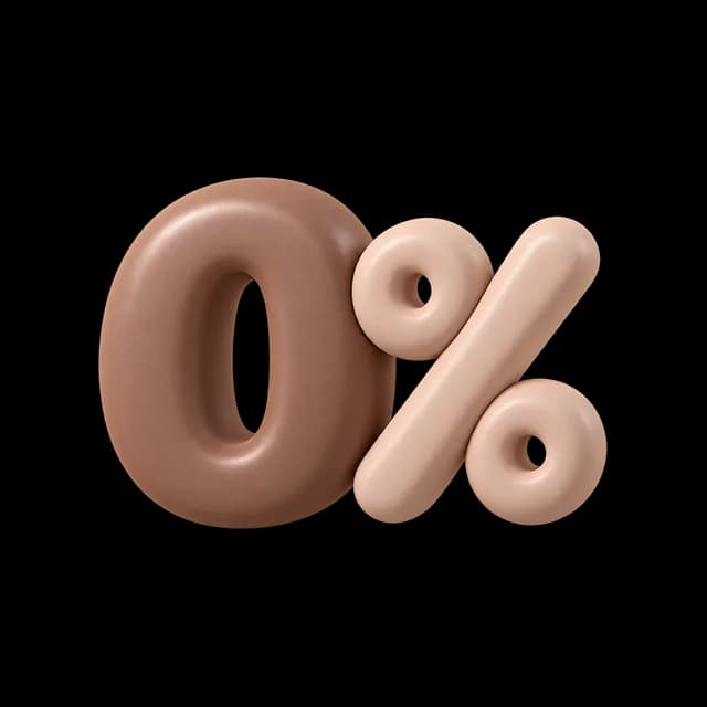 The text "0%" in chunky rounded 3D lettering: a mocha zero next to a blush-pink percent sign.
