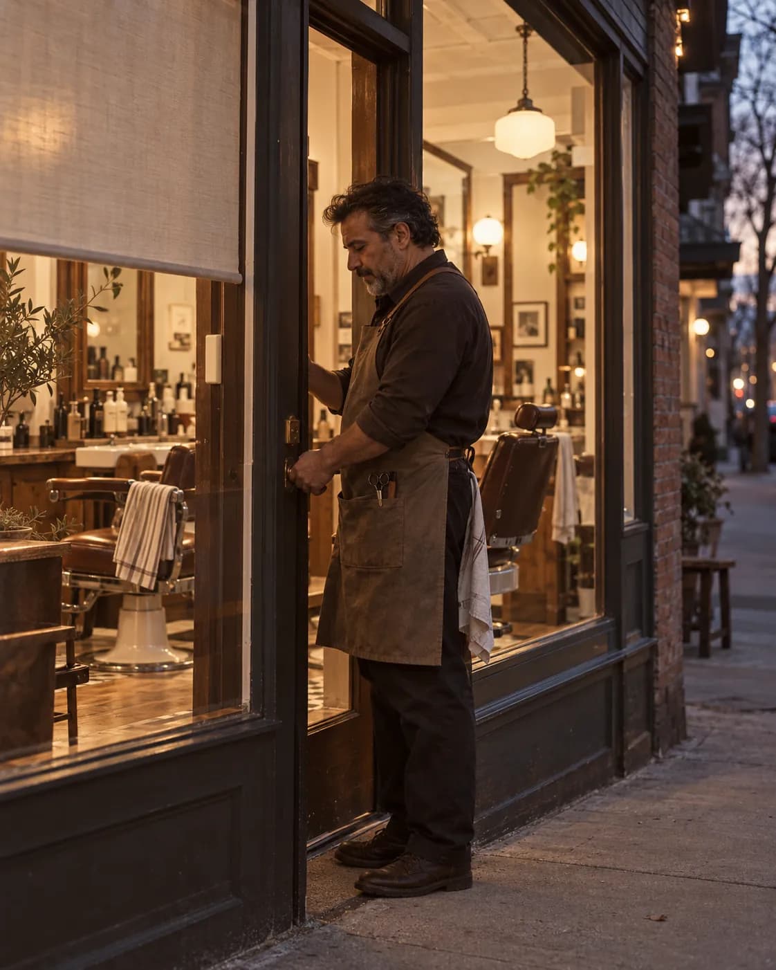 Barber in a brown apron grips the brass door handle as he closes his barbershop at dusk, warm lamps glowing inside.