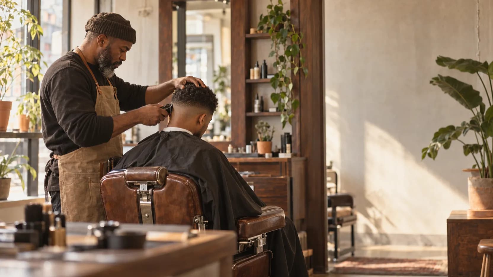 Barber in a beanie and apron runs clippers along a seated client's fade haircut while steadying his head with one hand.