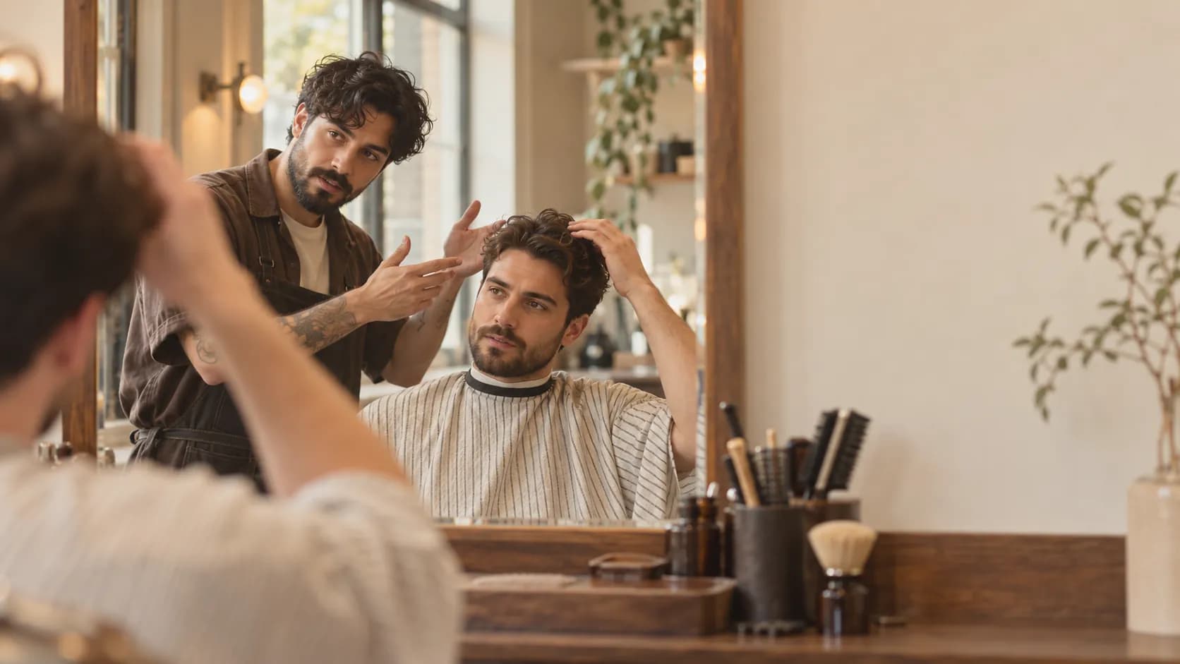 Barber talks with a seated client in a striped cape, both reflected in a large salon mirror above a wooden counter.