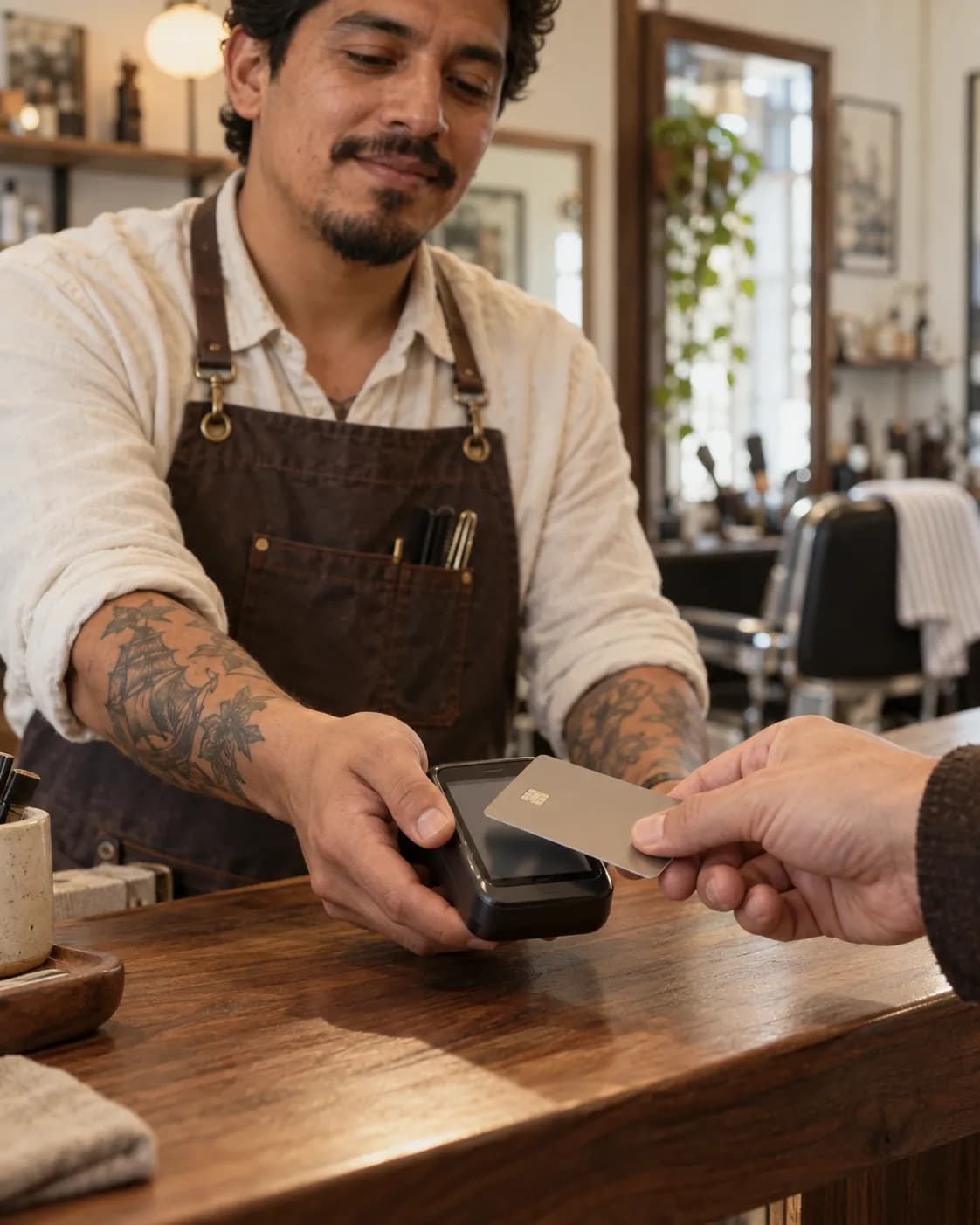Barber in a brown apron holds a black card reader while a customer taps a silver bank card on it at a wooden counter.