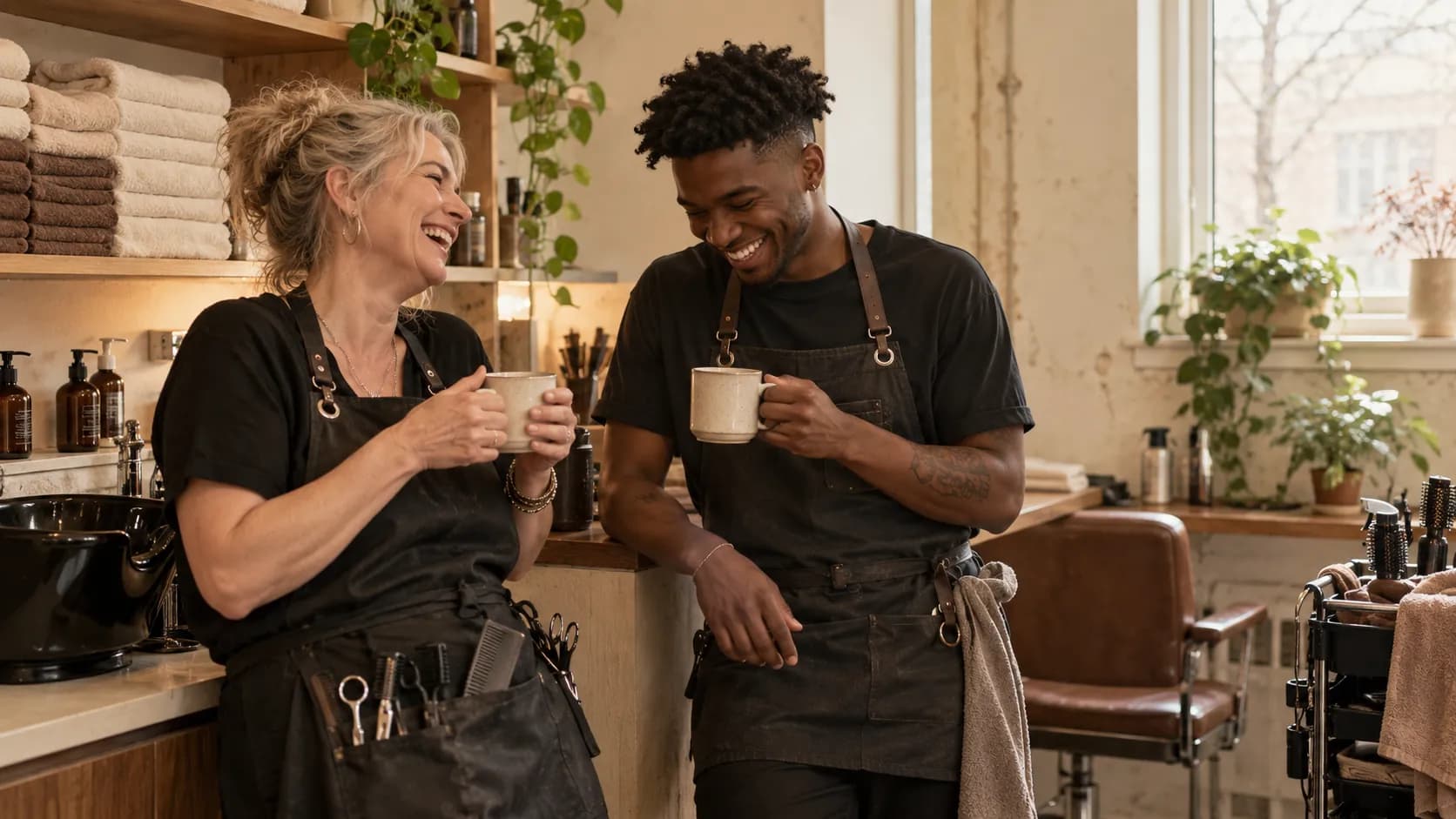Two stylists in black aprons laugh together while holding coffee mugs in the back room of an independent salon.