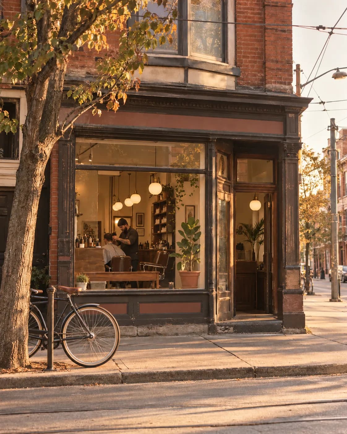 Toronto corner barbershop in a brick building, barber cutting hair inside the tall window with a bicycle parked outside.