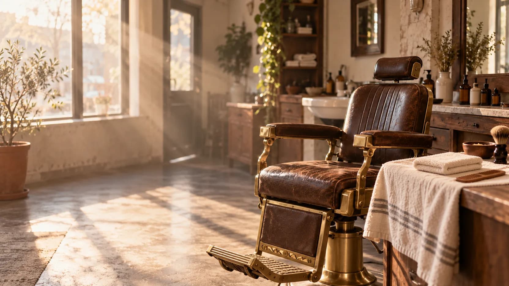 Worn brown leather barber chair in a sunlit salon, with scissors, a razor and a shaving brush on a towel beside it.