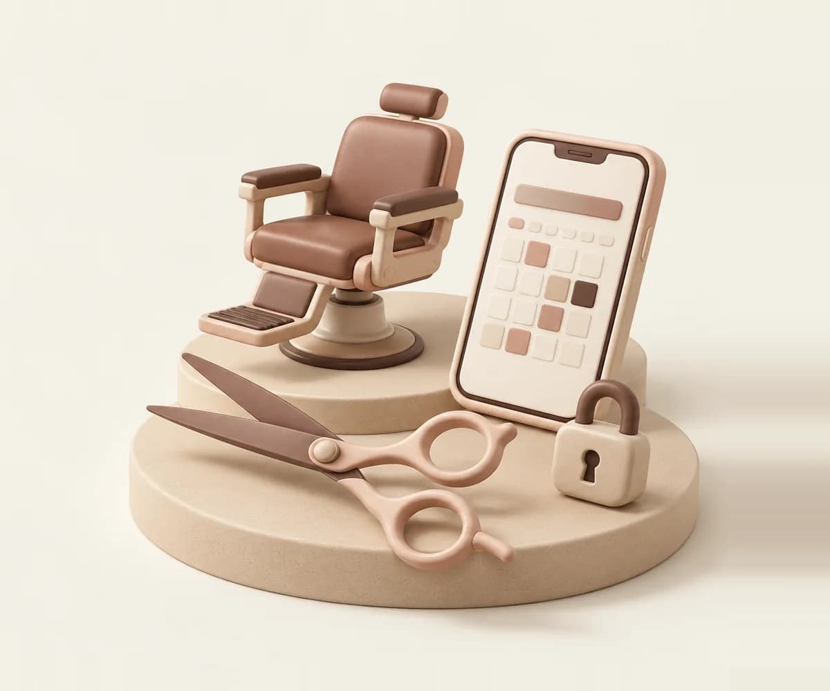 Barber chair, scissors and booking app on plinths Soft ceramic barber chair, scissors, phone calendar and padlock on stacked sand plinths against a cream backdrop.