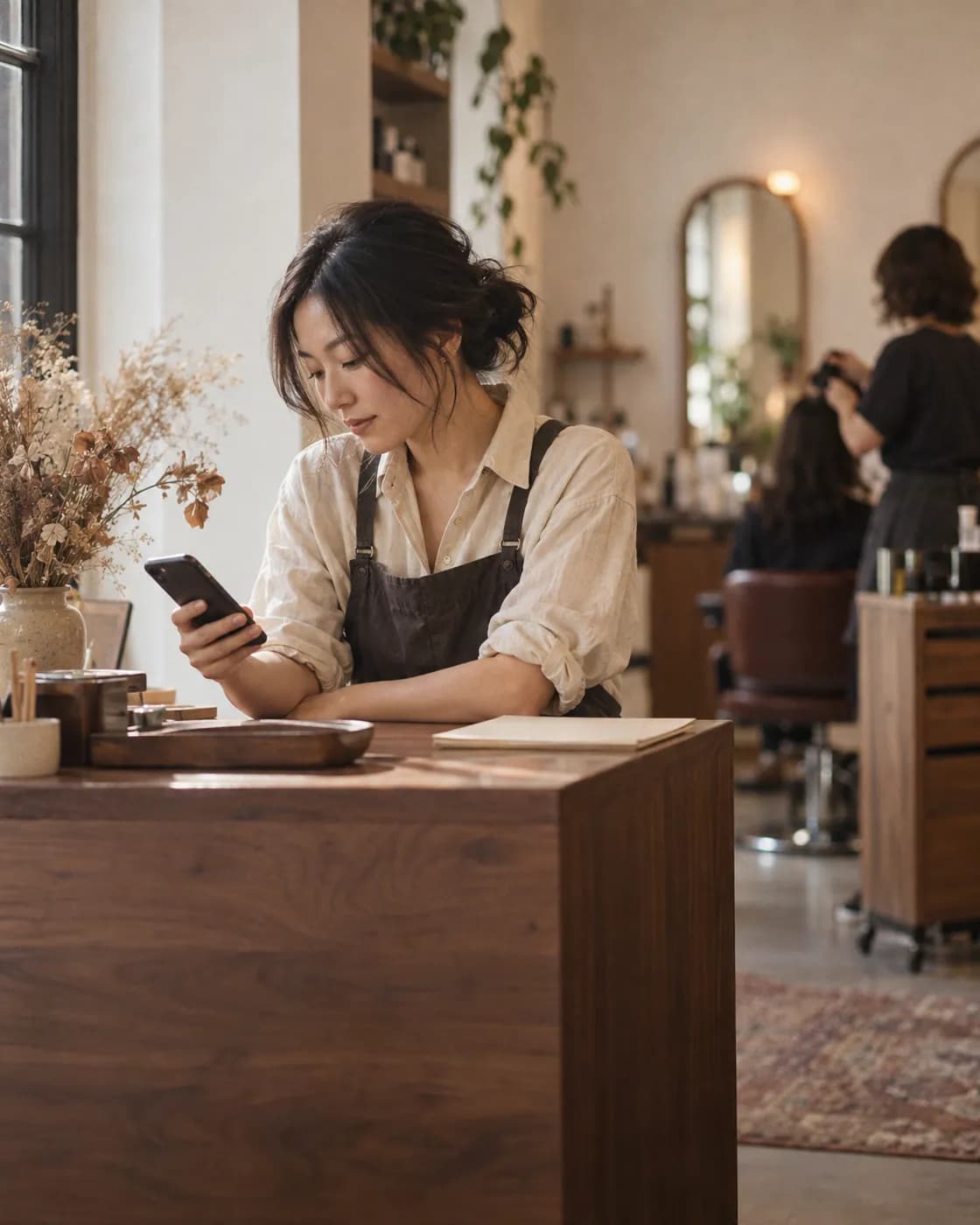 Salon owner checking bookings on her phone Salon owner in an apron leans on a wooden front desk looking at the phone in her hand, a stylist working behind her.