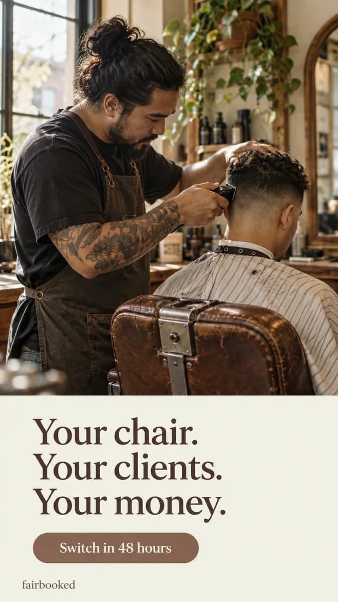 Your chair. Your clients. Your money. Barber in an apron uses clippers on a client in a brown leather chair; text reads "Your chair. Your clients. Your money."