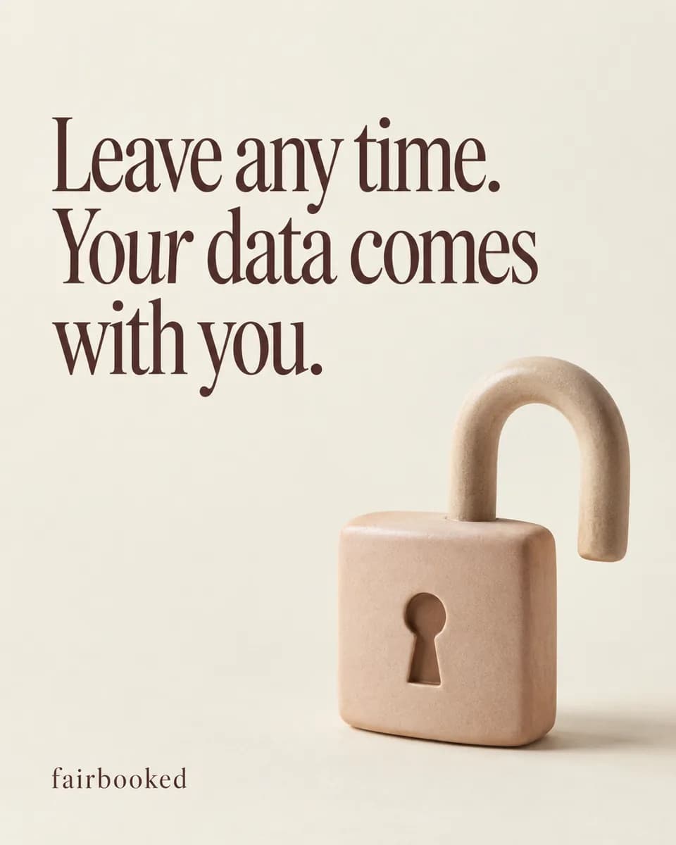 Leave any time. Your data comes with you. Text reads "Leave any time. Your data comes with you." beside a blush carved padlock with its shackle open.