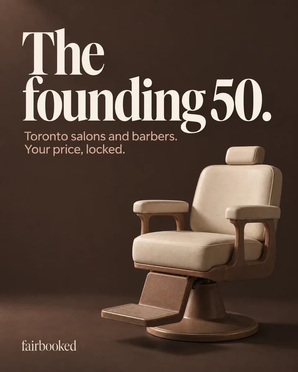 The founding 50. Toronto salons and barbers. Text reads "The founding 50. Toronto salons and barbers. Your price, locked." above a cream leather barber chair on brown.