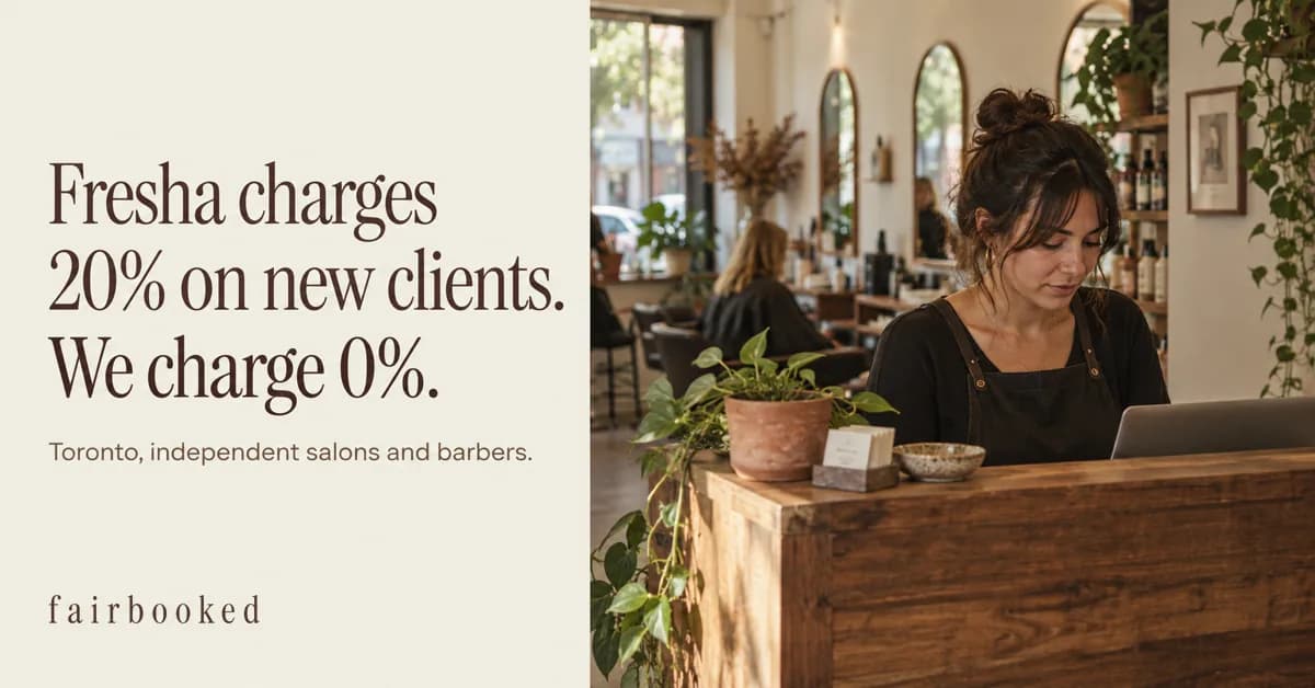 Fairbooked: 0% commission, Toronto salons Salon owner in an apron uses a laptop at a Toronto counter; text says "Fresha charges 20% on new clients. We charge 0%."